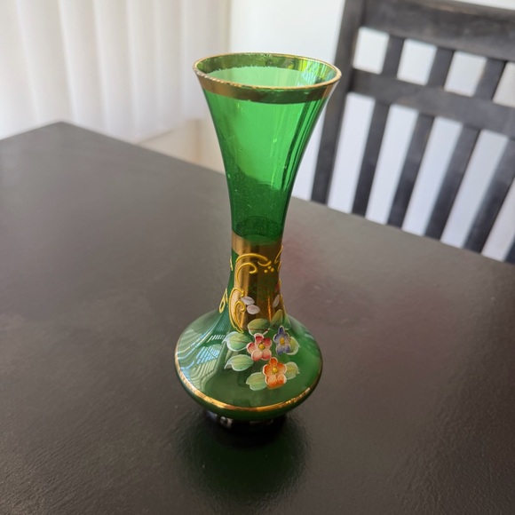 Vintage Emerald Green Glass Vase Gold Rim Hand Painted Flowers Czech Bohemian - Picture 12 of 14